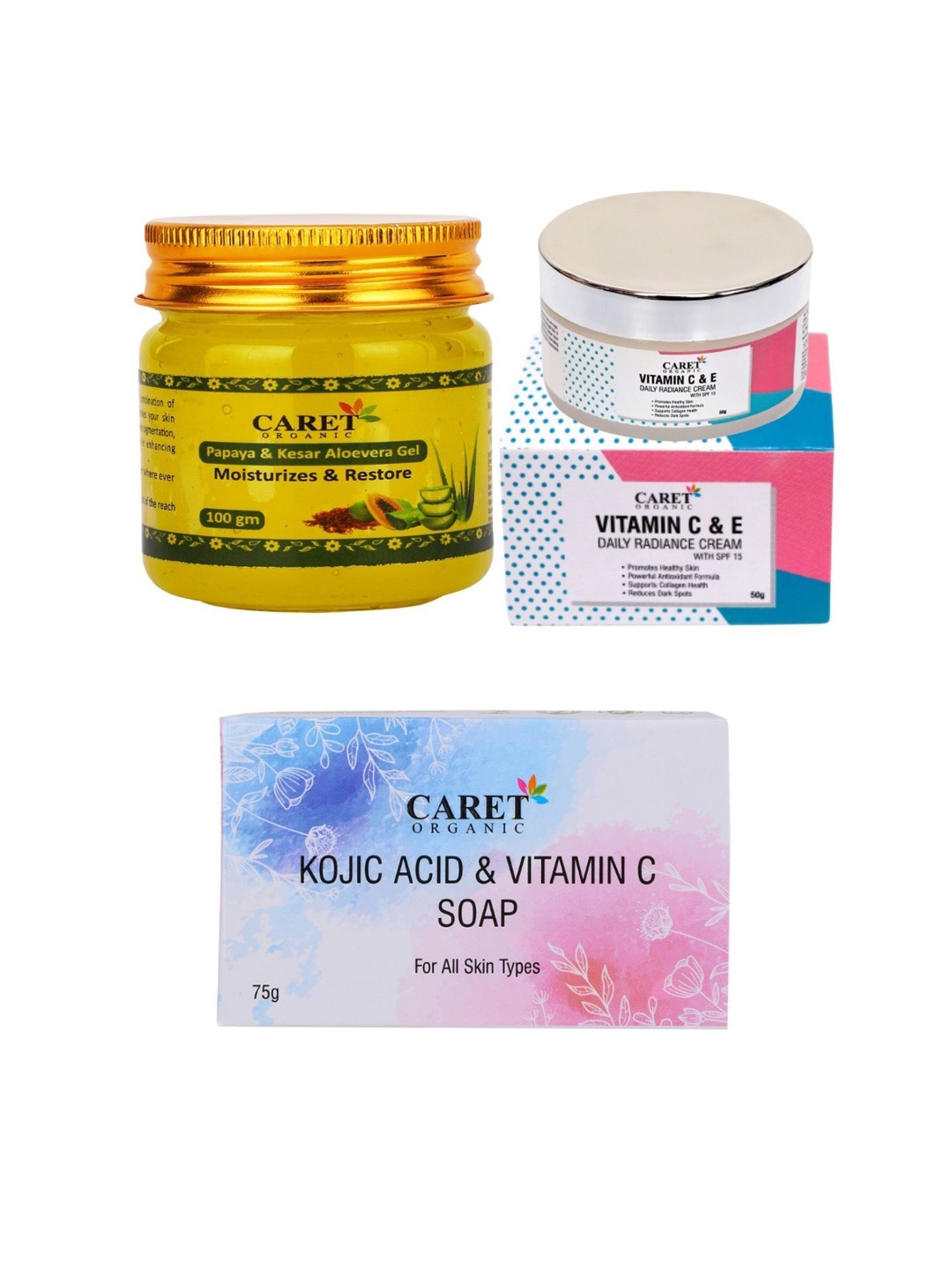 

CARET ORGANIC Set Of 3 Aloe Vera Gel With Day Cream & Vitamin C Soap - 225 g, White