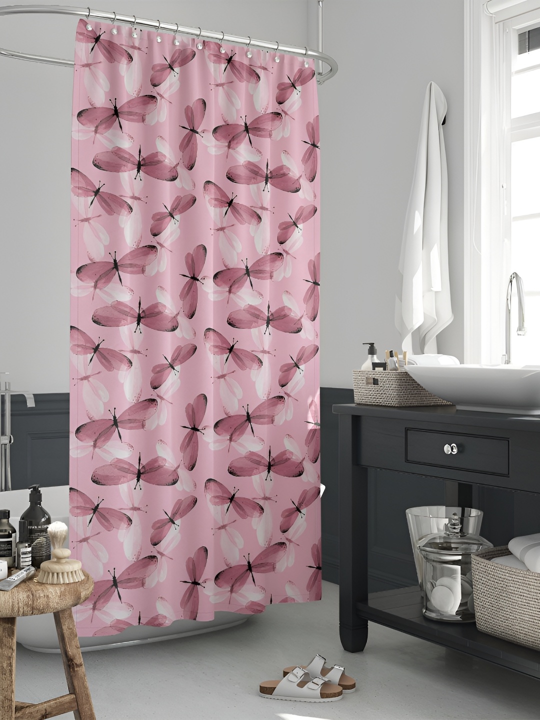 

ArtzFolio Pink & White Printed Waterproof Shower Curtain