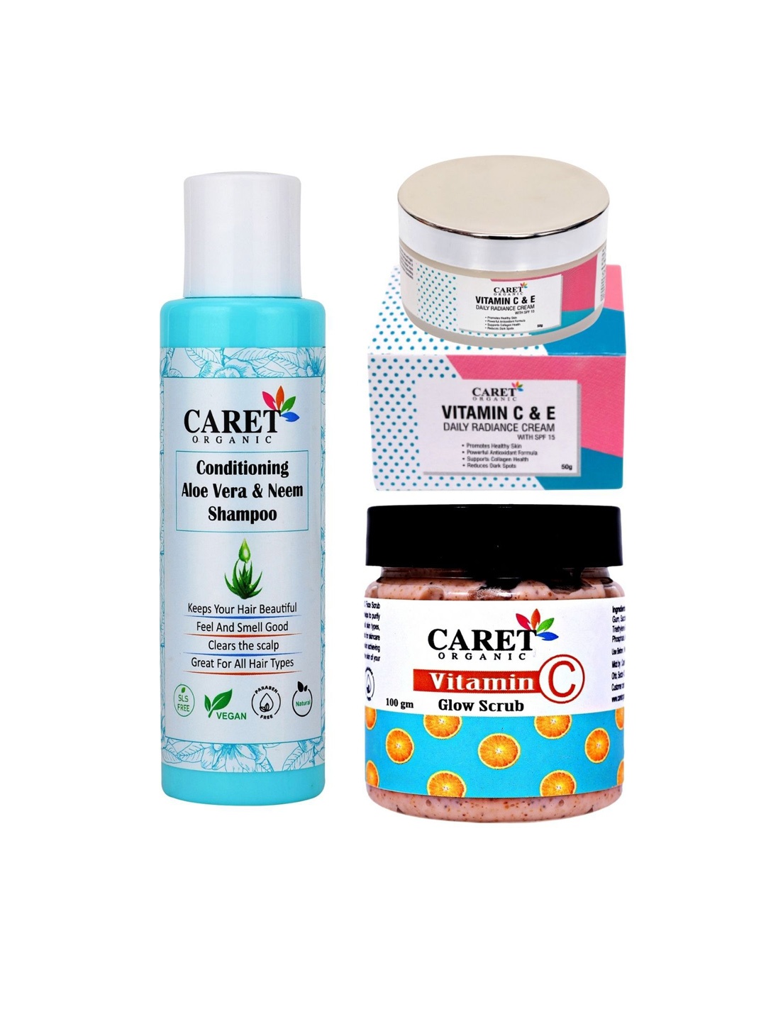 

CARET ORGANIC Set Of 3 Shampoo 100ml & Vit C Scrub 50g & Radiance Cream 100g, White