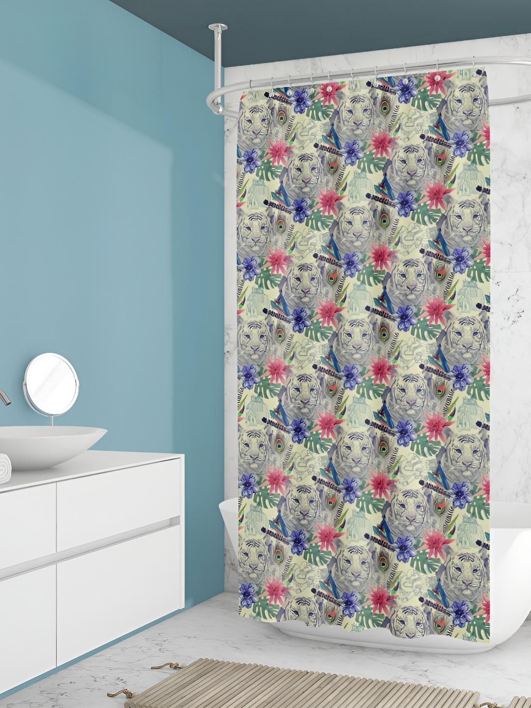 

ArtzFolio Cream Colored & Blue Printed Waterproof Shower Curtain