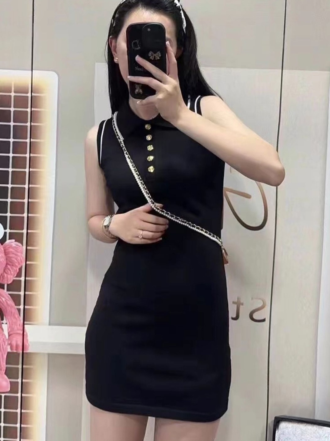 

KPOP Women Shirt Collar Above Knee Sleeveless Bodycon Dress, Black