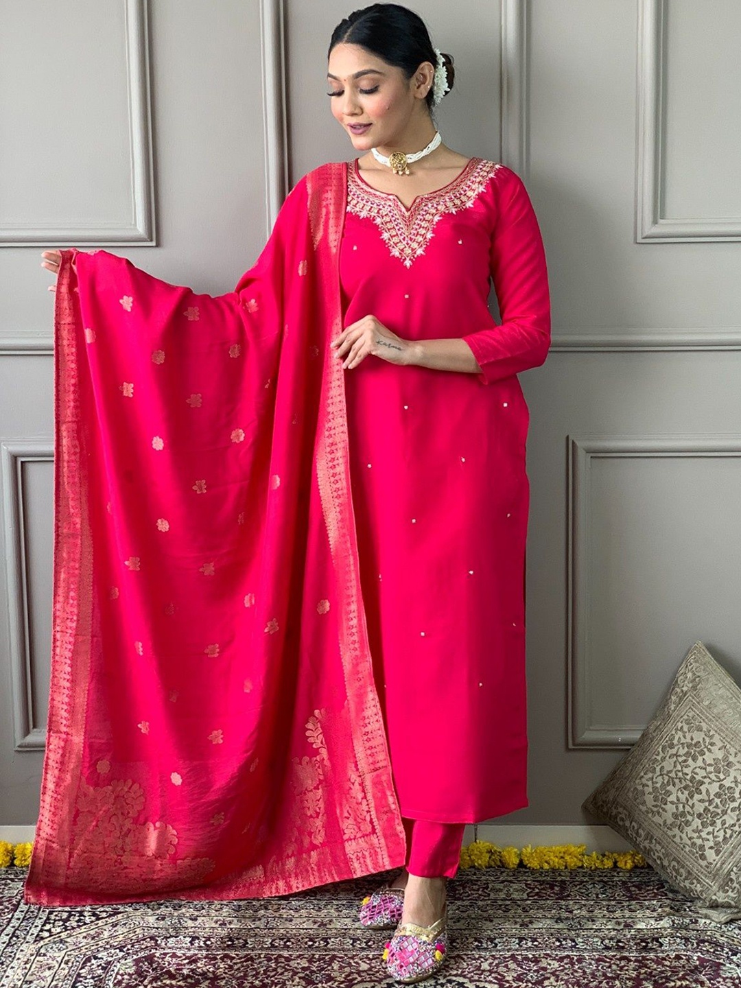 

KALINI Ethnic Motifs Embroidered Sequinned Chanderi Silk Kurta with Trousers & Dupatta, Red