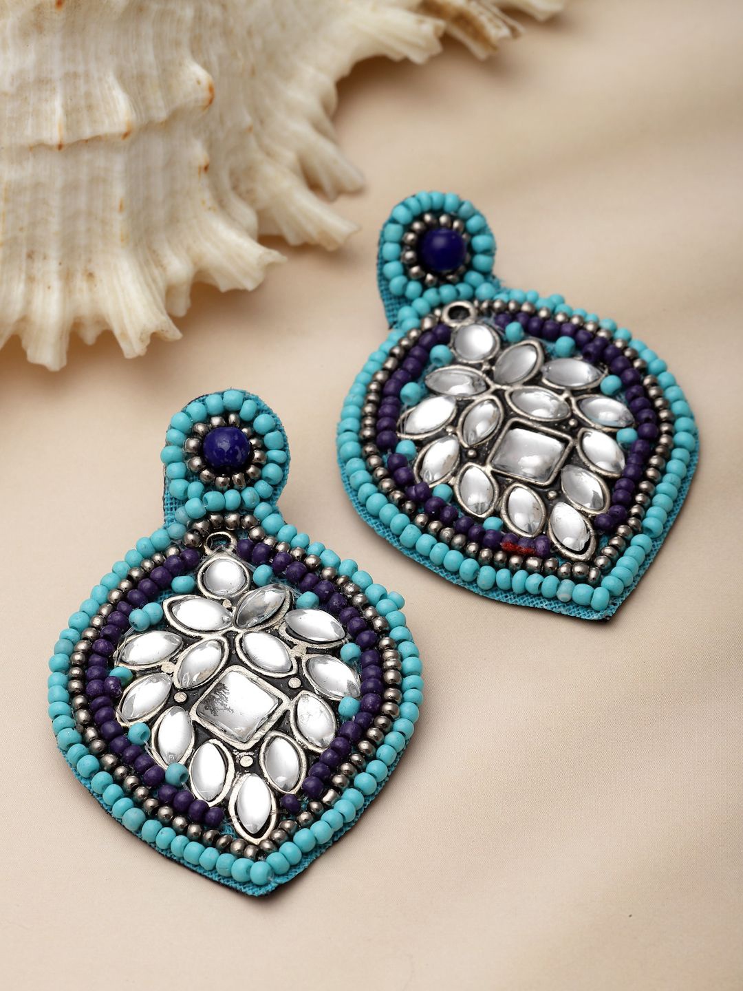 

DressBerry Silver-Plated Contemporary Stone Studded & Beaded Drop Earrings