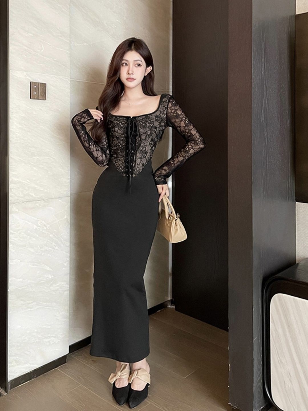 

KPOP Women Round Neck Long Sleeves Bodycon Maxi Dress, Black