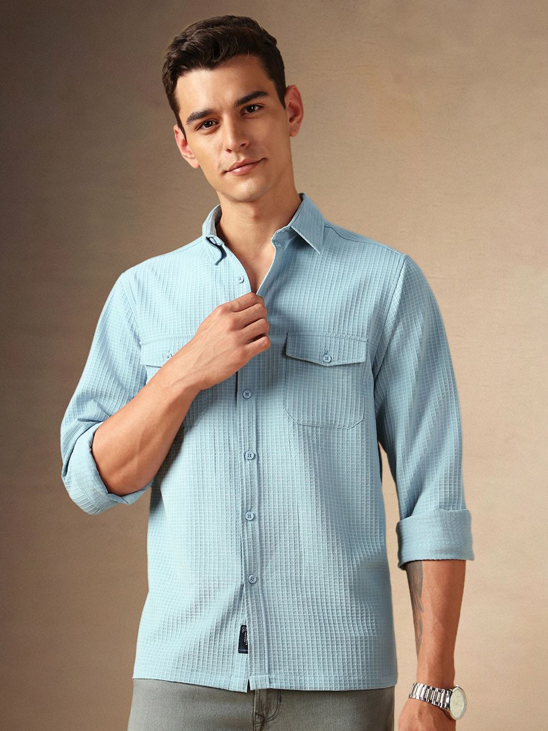 

Dennis Lingo Men Spread Collar Textured Cotton Relaxed Fit Casual Shirt, Blue