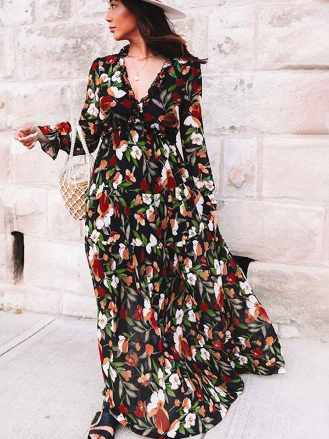 

HERE&NOW Women Floral Printed A-Line Maxi Dress, Black