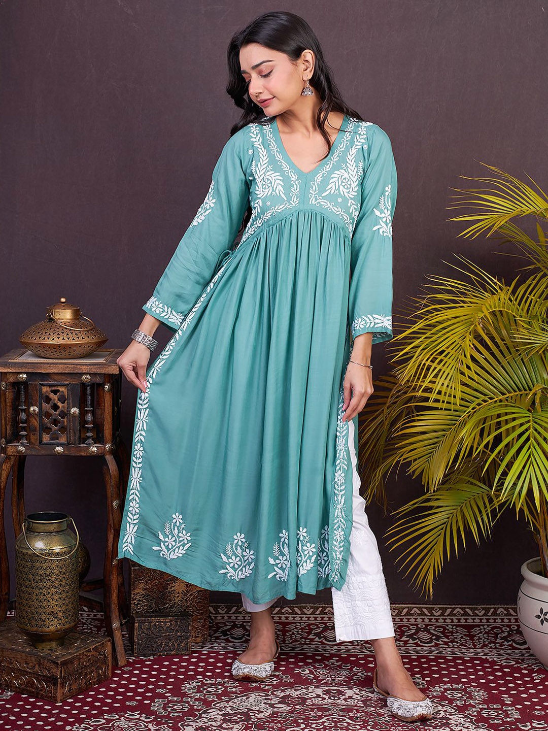 

The Chikan Label Floral Embroidered Straight Kurta with Trousers & Dupatta, Green