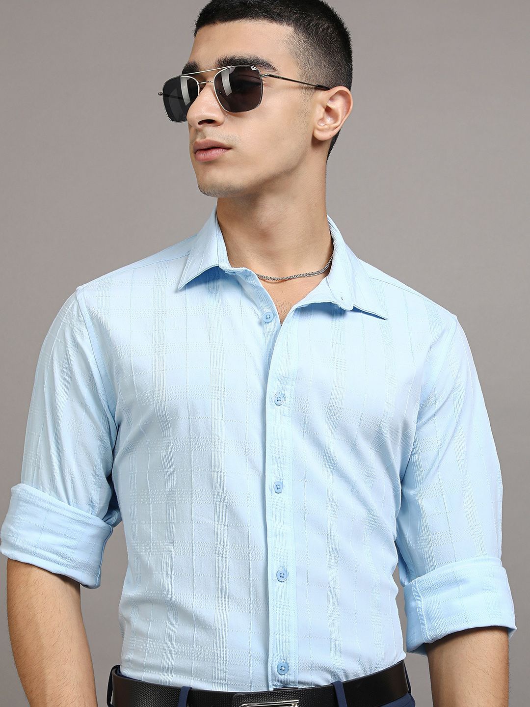 HIGHLANDER Men Dobby Textured Striped Day Occasion Shirt