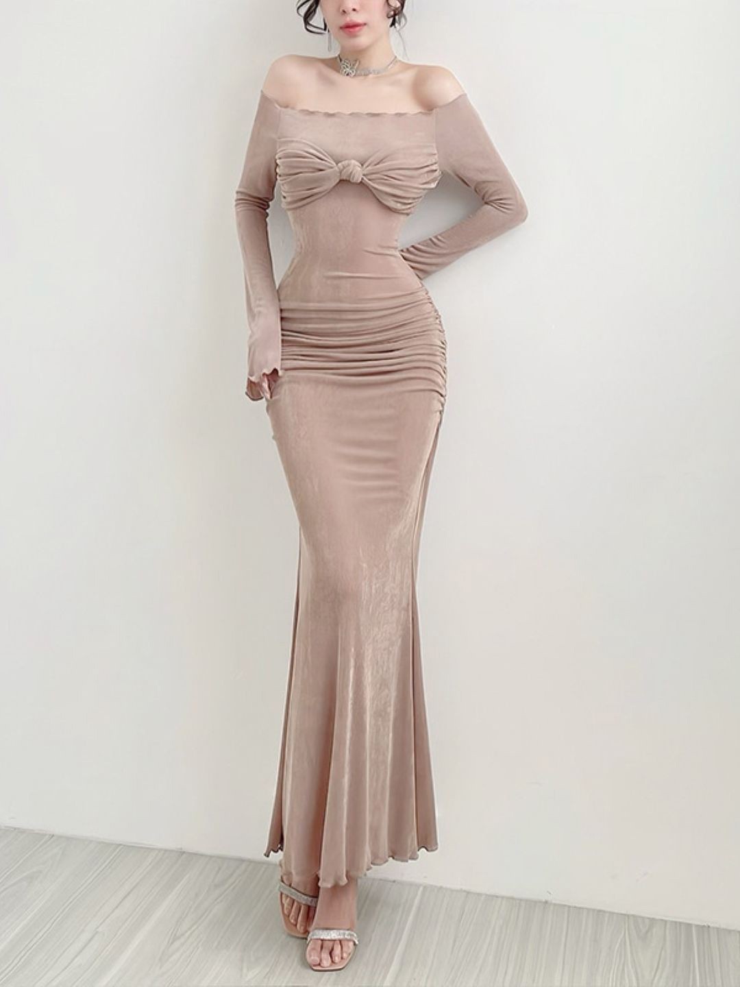 

KPOP Women Off-Shoulder Bodycon Maxi Dress, Brown