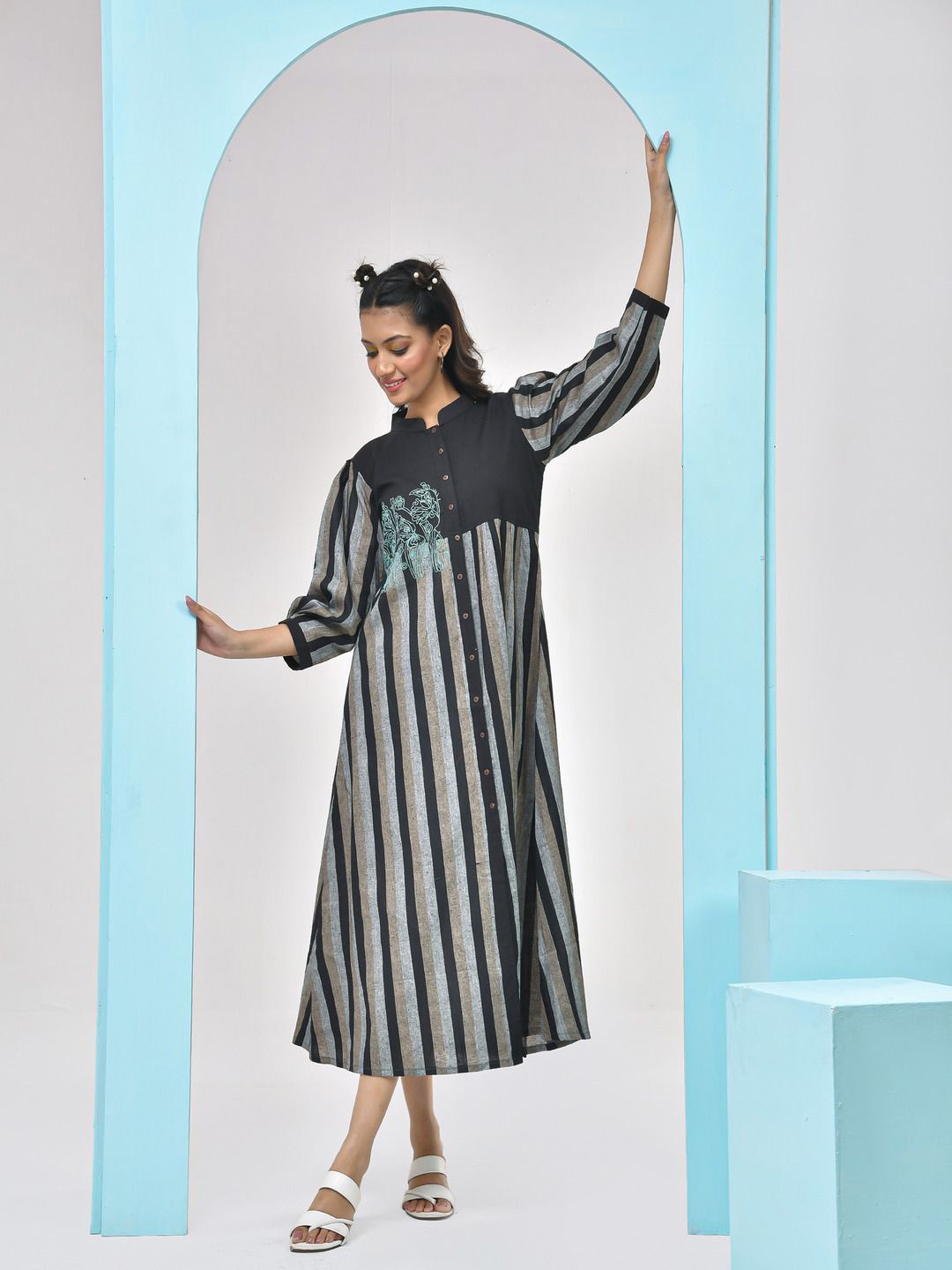

THE SAFFRON SAGA Striped Shirt Midi Dress, Black
