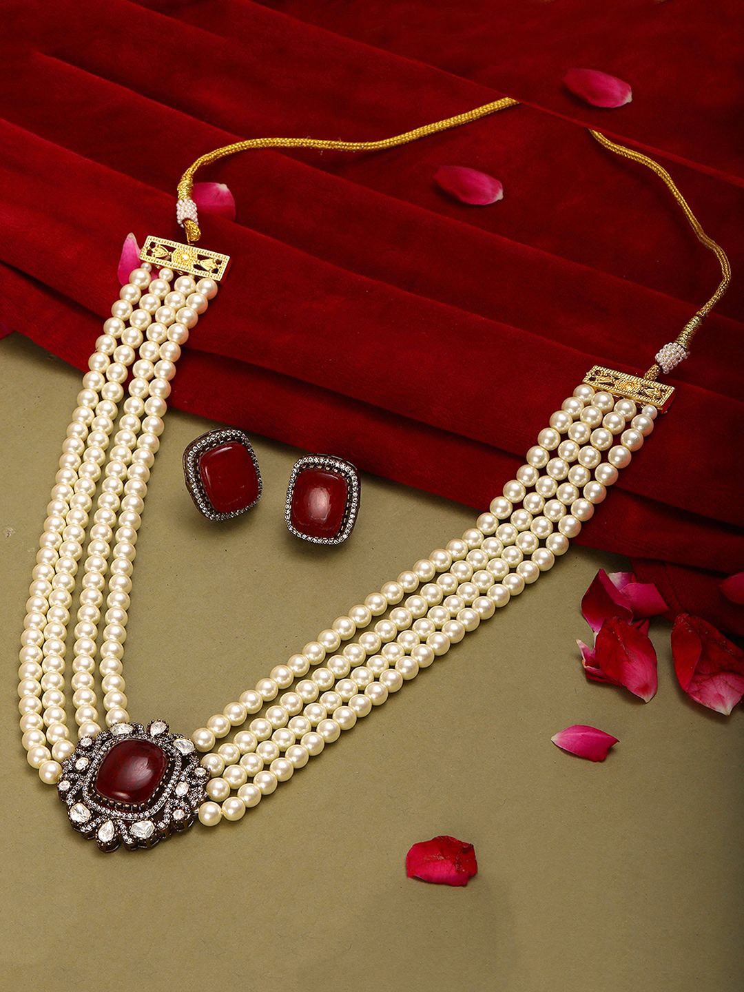 

Ruby Raang Gold-Plated Mossainite Kundan-Studded & Pearls Beaded Jewellery Set