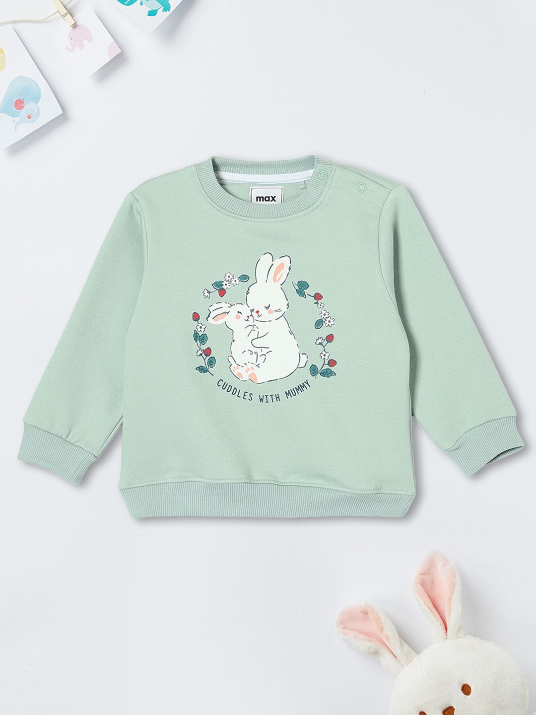 

max Girls Cotton Printed Round Neck Long Sleeves Pullover Sweatshirt, Green