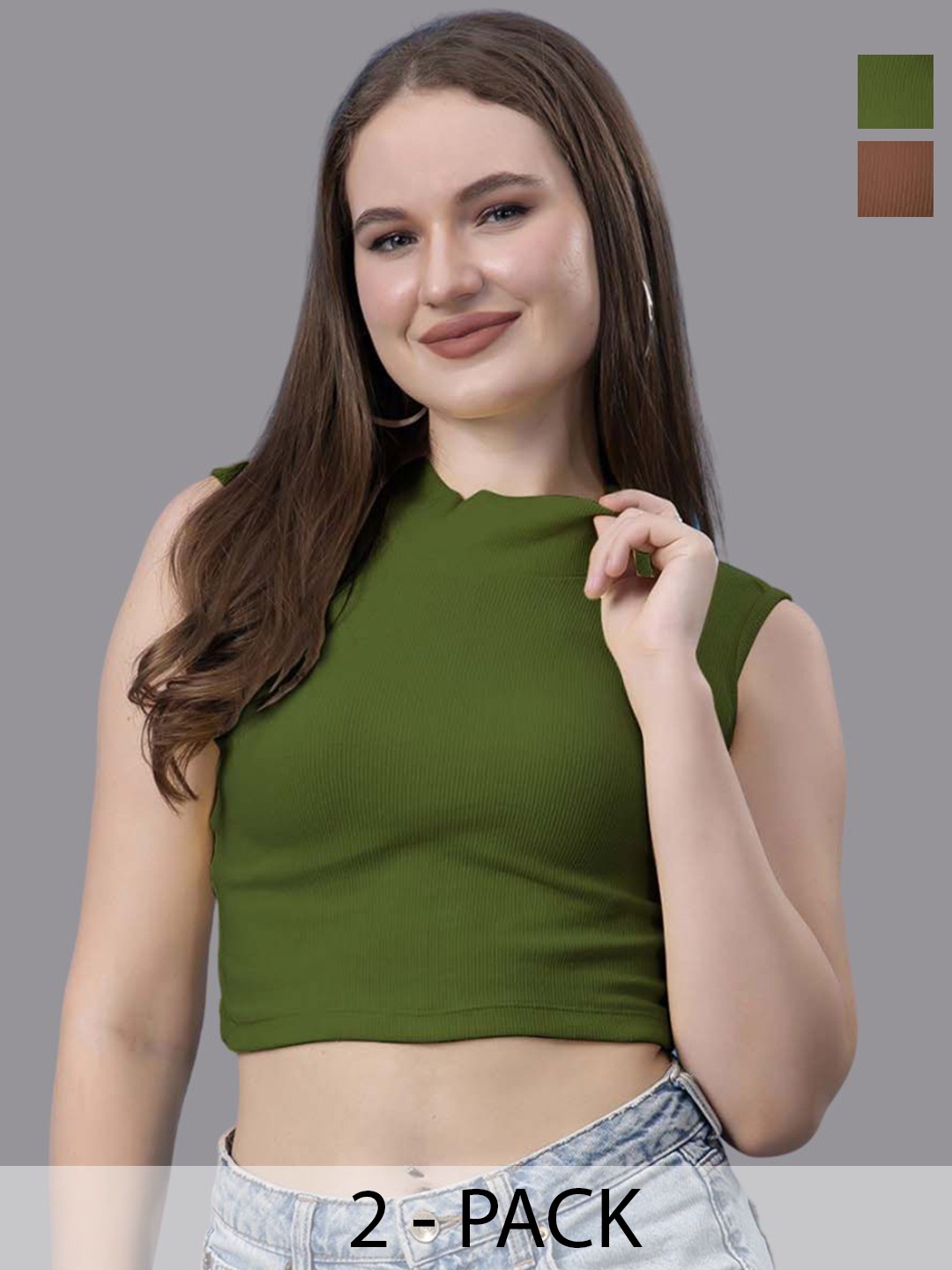 

Friskers Women Pack of 2 Cotton Crop Top, Brown