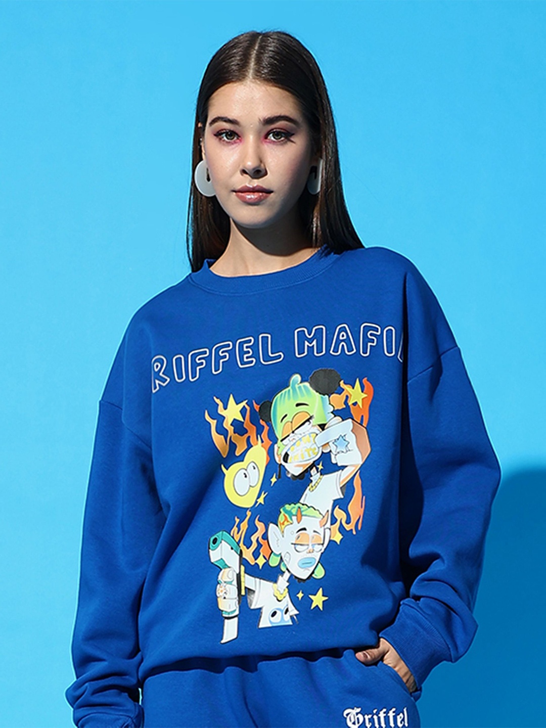 

GRIFFEL Women Graphic Printed Long Sleeves Sweatshirt, Turquoise blue