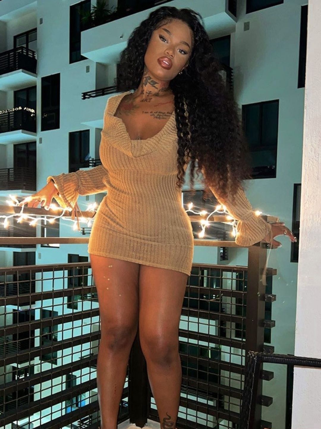 

KPOP Women V-Neck Long Sleeves Above Knee Bodycon Dress, Khaki