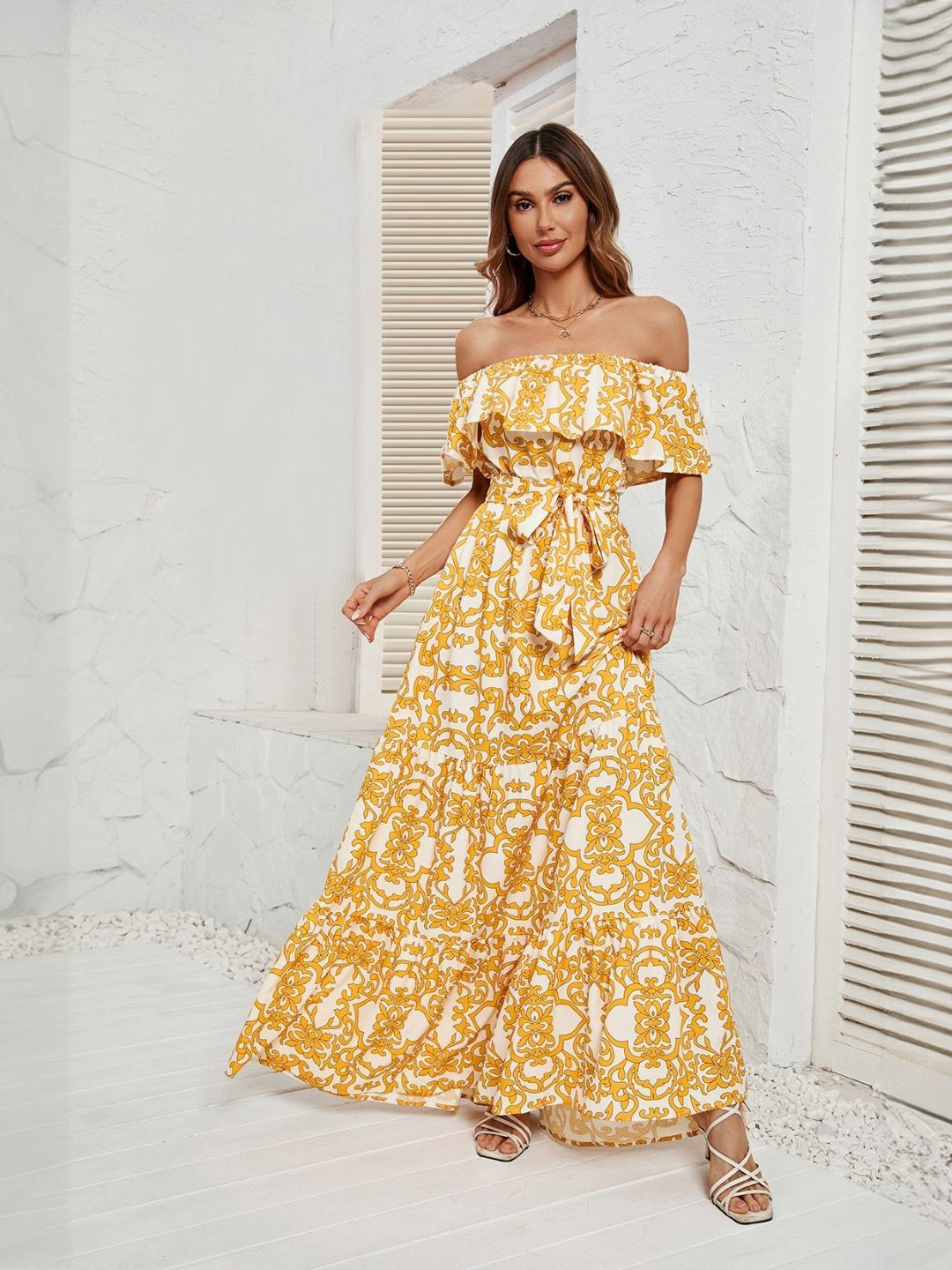 

StyleCast Women Floral Printed Off-Shoulder A-Line Maxi Dress, Orange