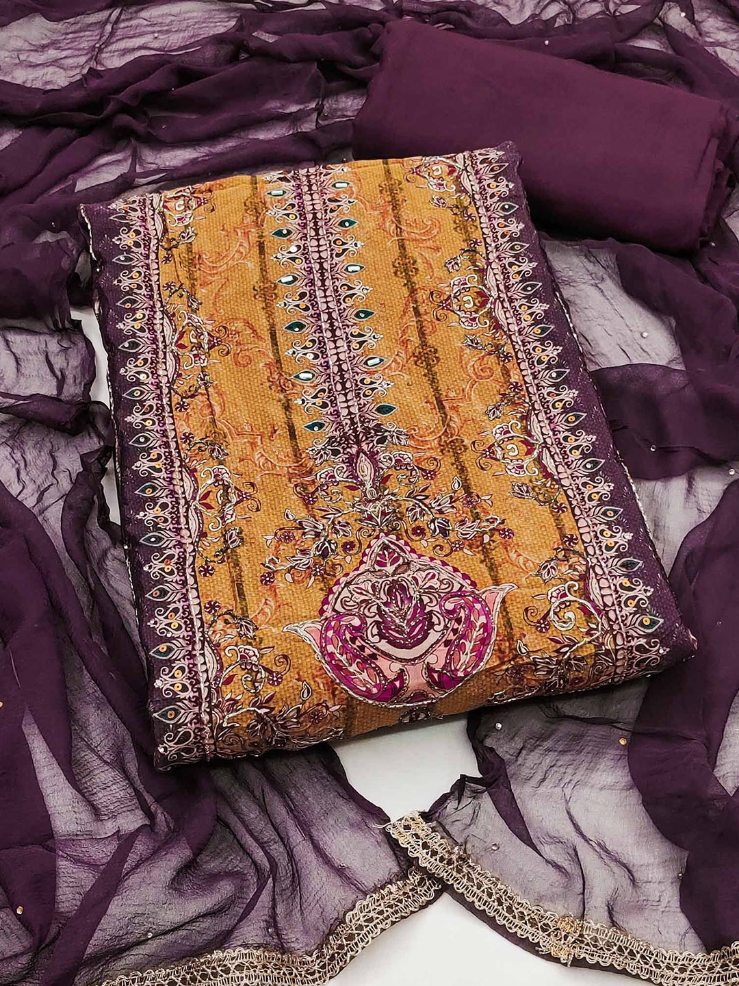 

Peachmode Embroidered Beads and Stones Unstitched Dress Material, Purple