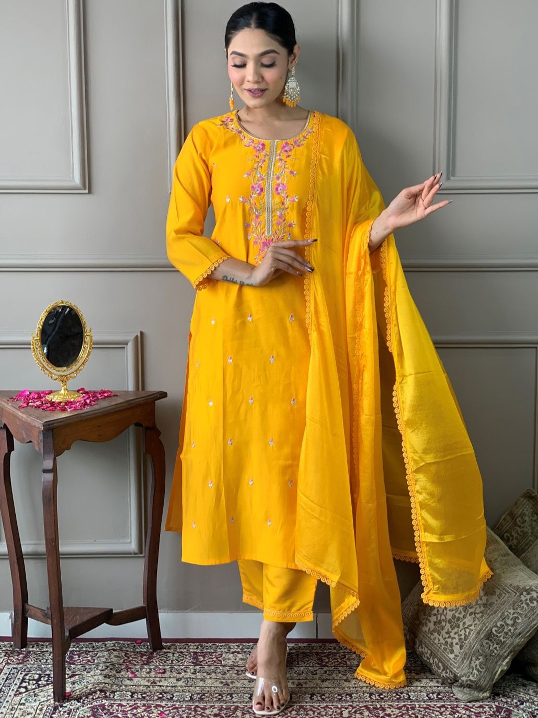 

KALINI Floral Embroidered Chanderi Silk Straight Kurta With Trouser & Dupatta, Yellow