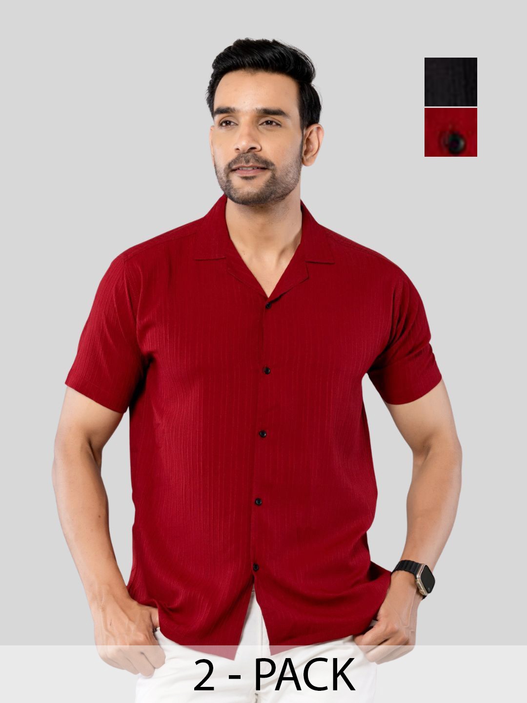 

Aanys Culture Men Pack Of 2 Classic Cuban Collar Textured Crepe Casual Shirts, Red