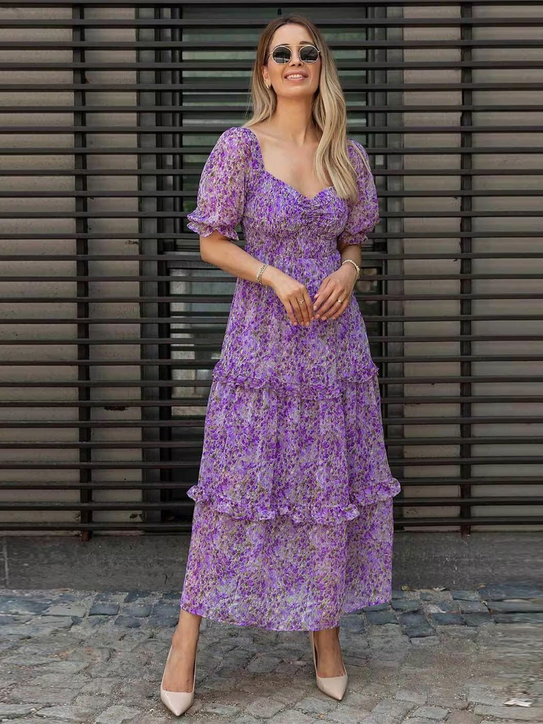 

Urban Komfort Georgette Floral Printed Sweetheart Neck Puff Sleeve Fit & Flare Maxi Dress, Purple