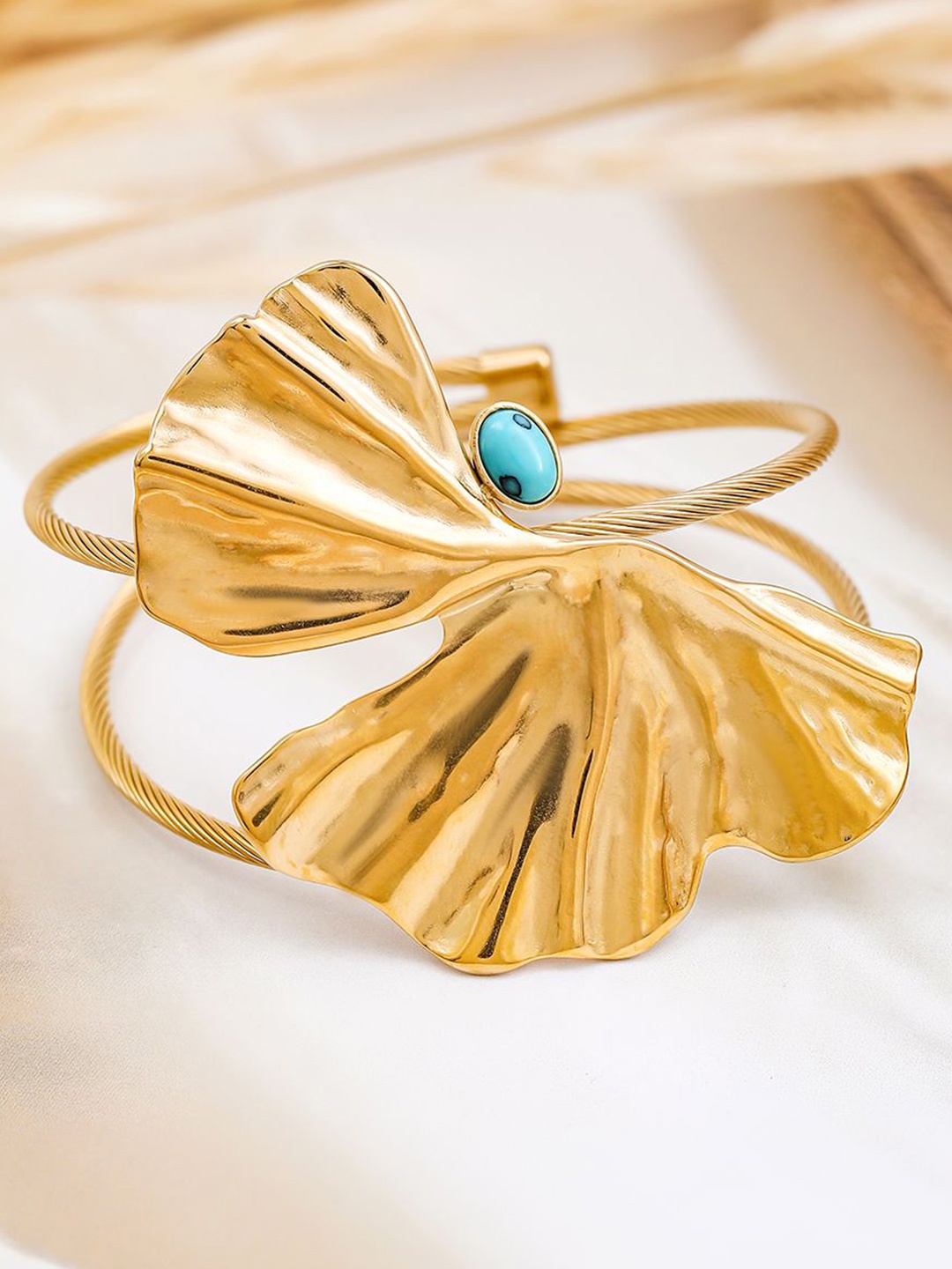 

Rubans 22K Gold-Plated Free Size Leaf Design Cuff Bracelet with Turquoise Accent