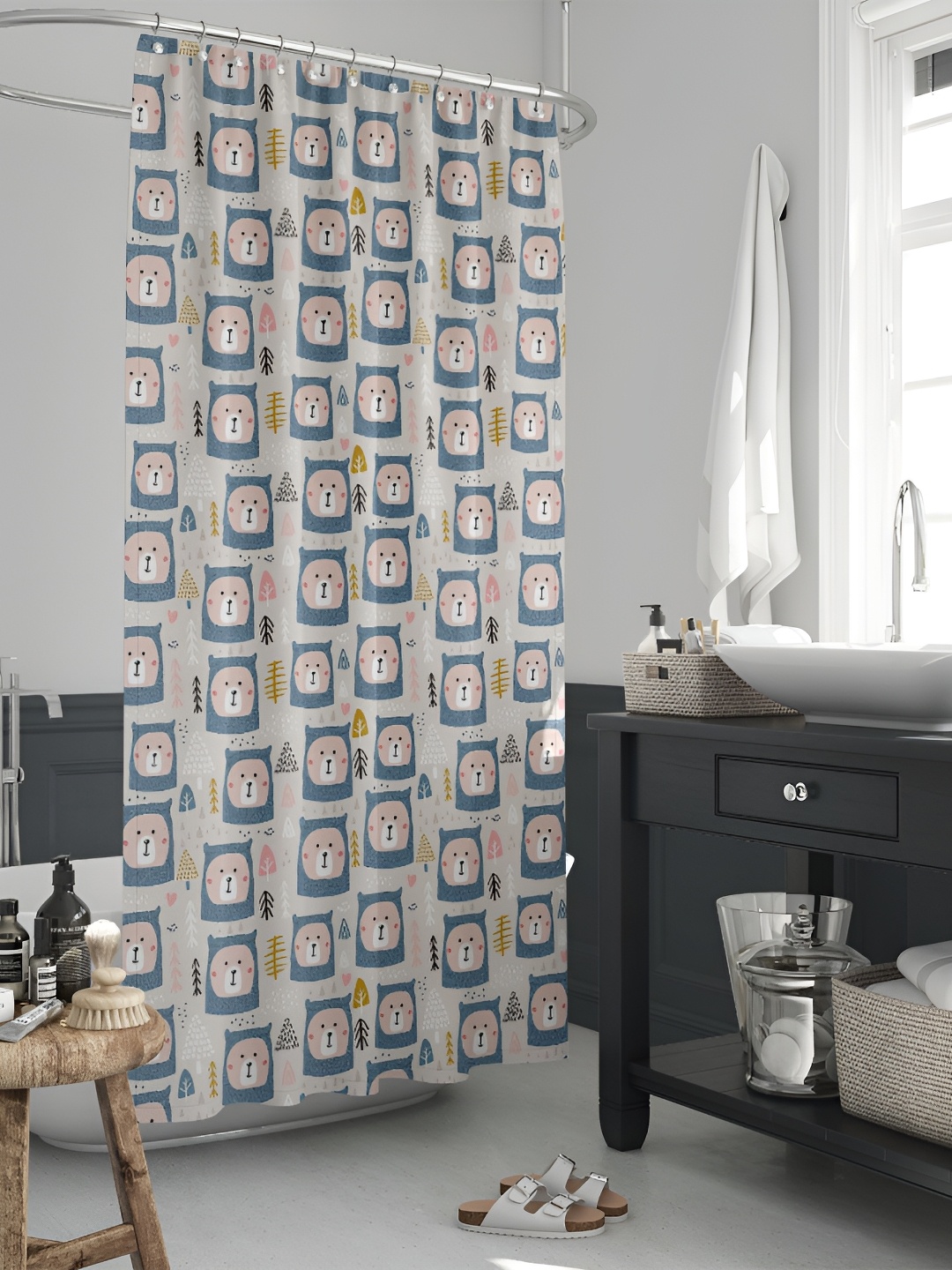 

ArtzFolio Grey & Blue Printed Waterproof Shower Curtain