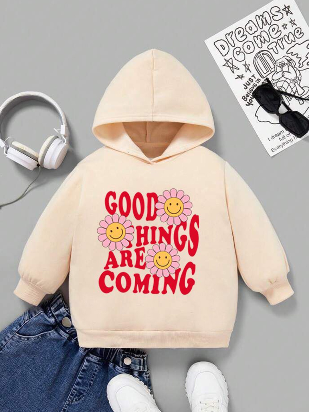 

TABADTOD Kids Printed Hooded Long Sleeves Pullover Sweatshirt, Beige