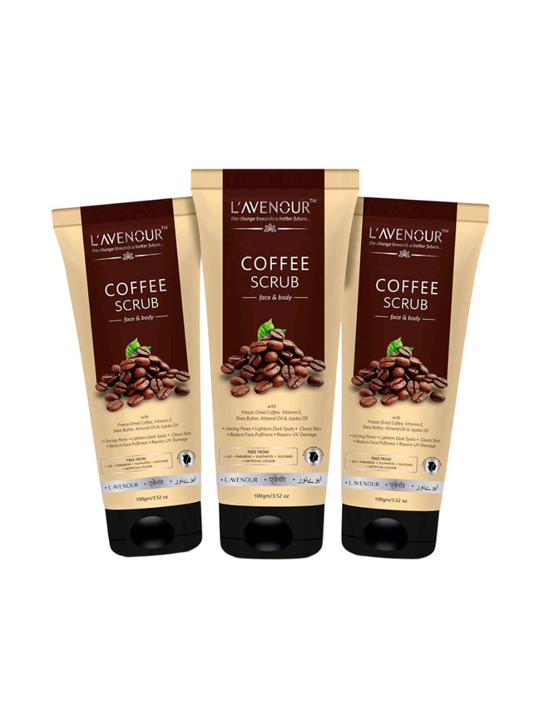 

L'AVENOUR Set Of 3 Coffee Scrub for Face & Body With Shea Butter & Almond Oil - 100 g Each, Beige