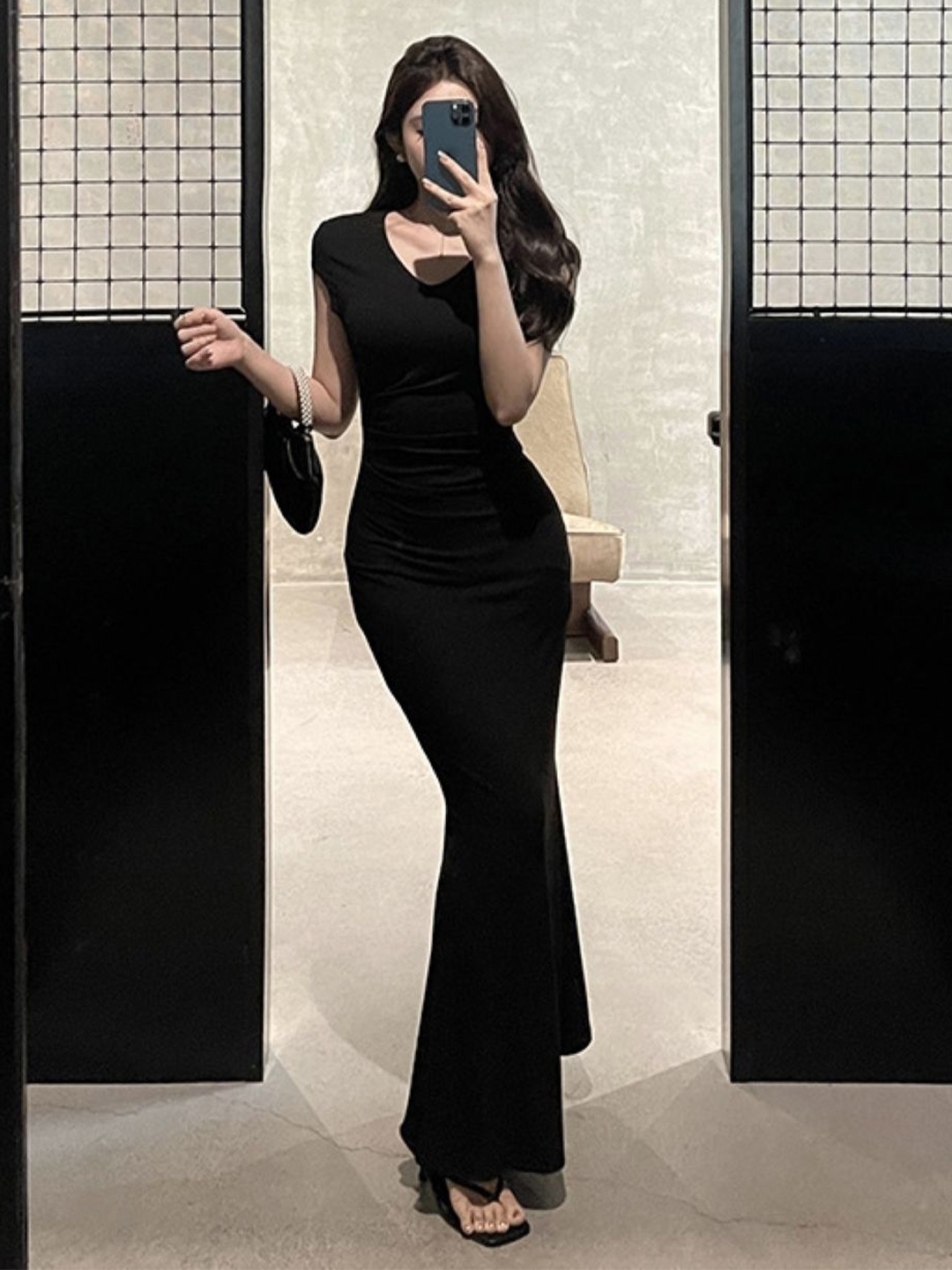 

KPOP Women Cap Sleeves Bodycon Maxi Dress, Black