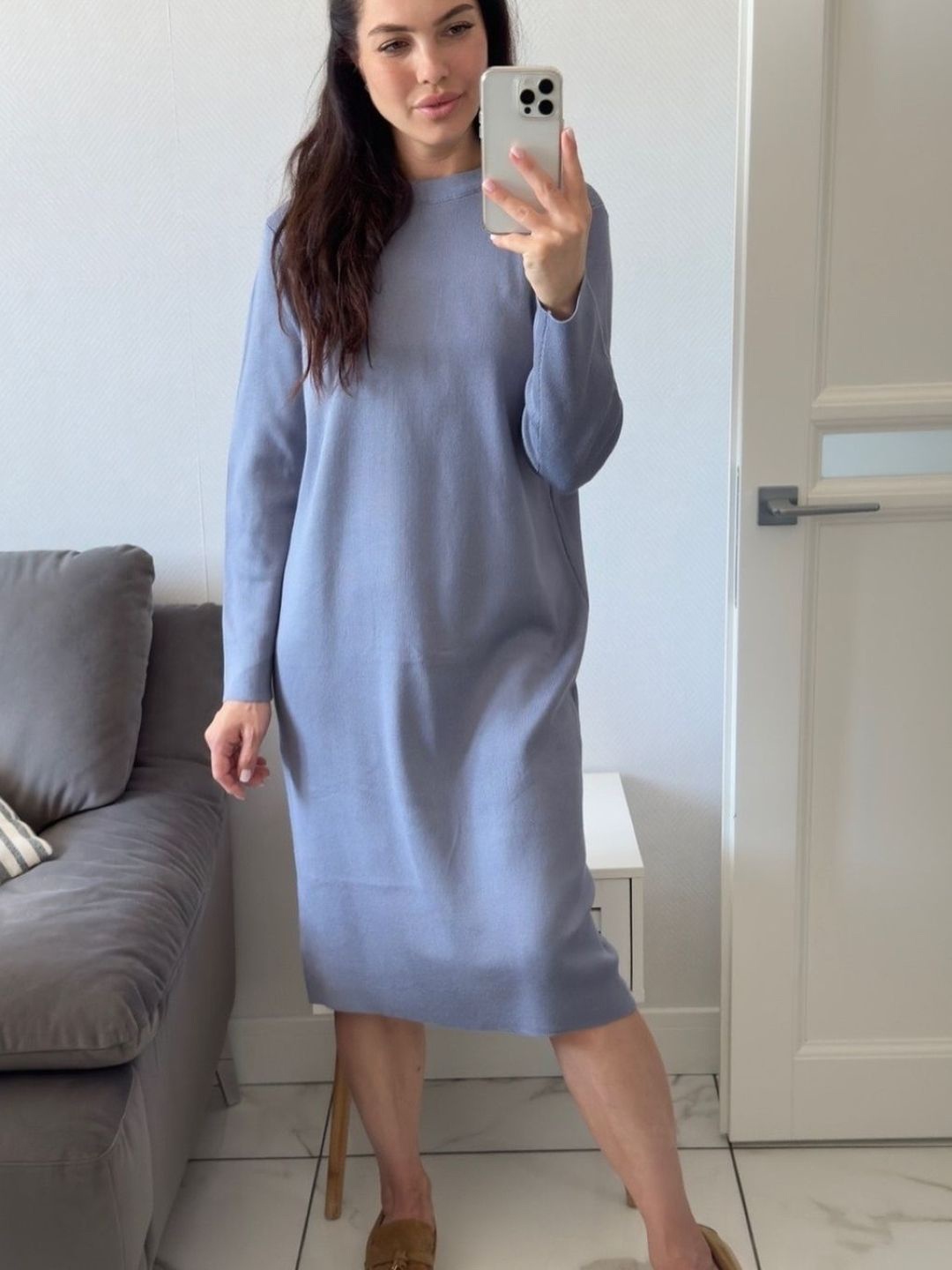 

HERE&NOW Women Round Neck A-Line Dress, Grey