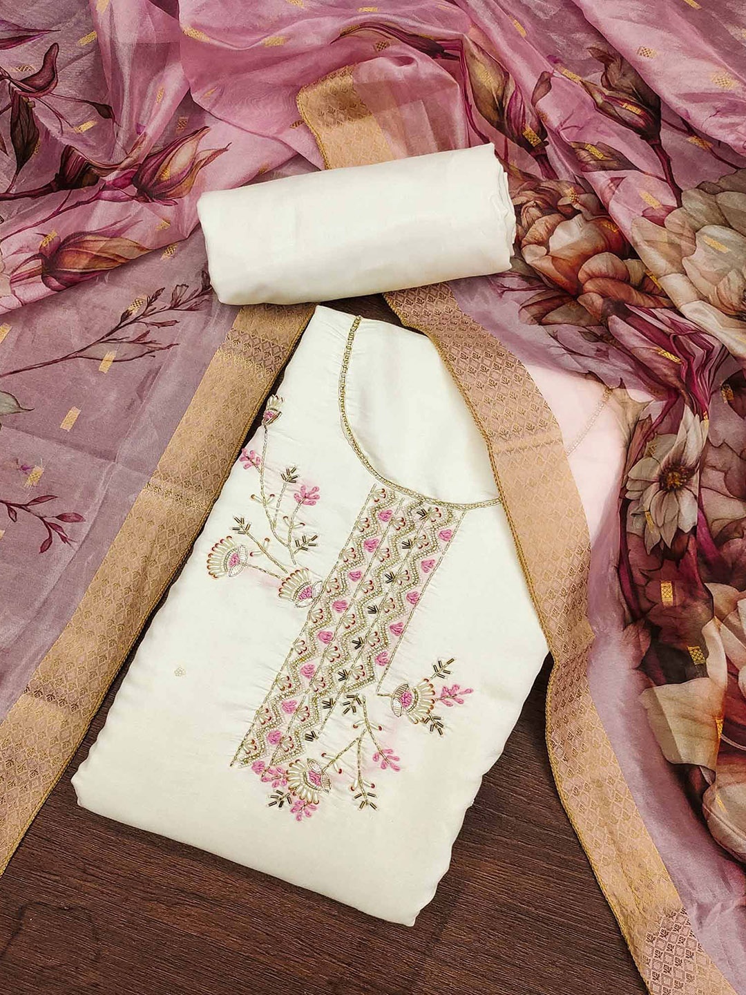 

Peachmode Floral Embroidered Beads and Stones Cotton Silk Unstitched Dress Material, Off white