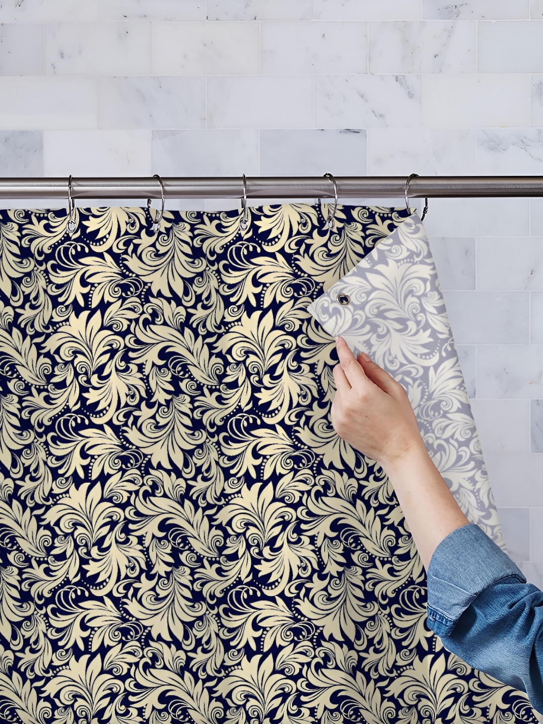 

ArtzFolio Navy Blue & Cream Floral Printed Waterproof Shower Curtain