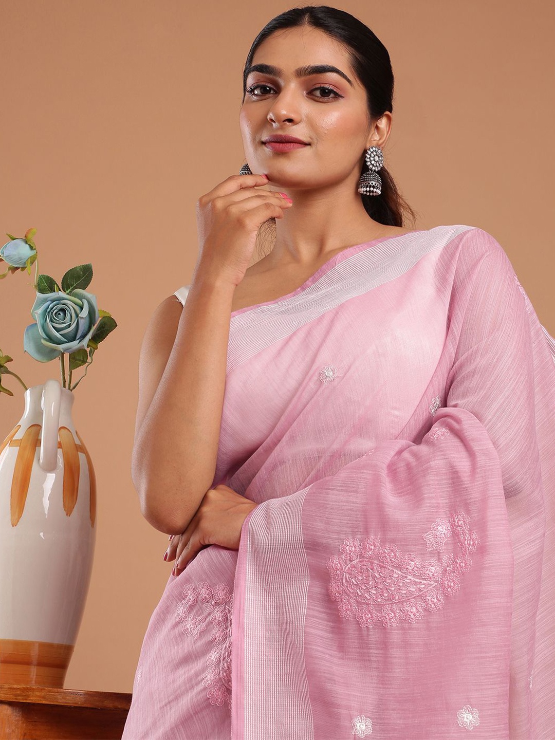 

Kalyan Silks Paisley Embroidered Tussar Saree, Pink