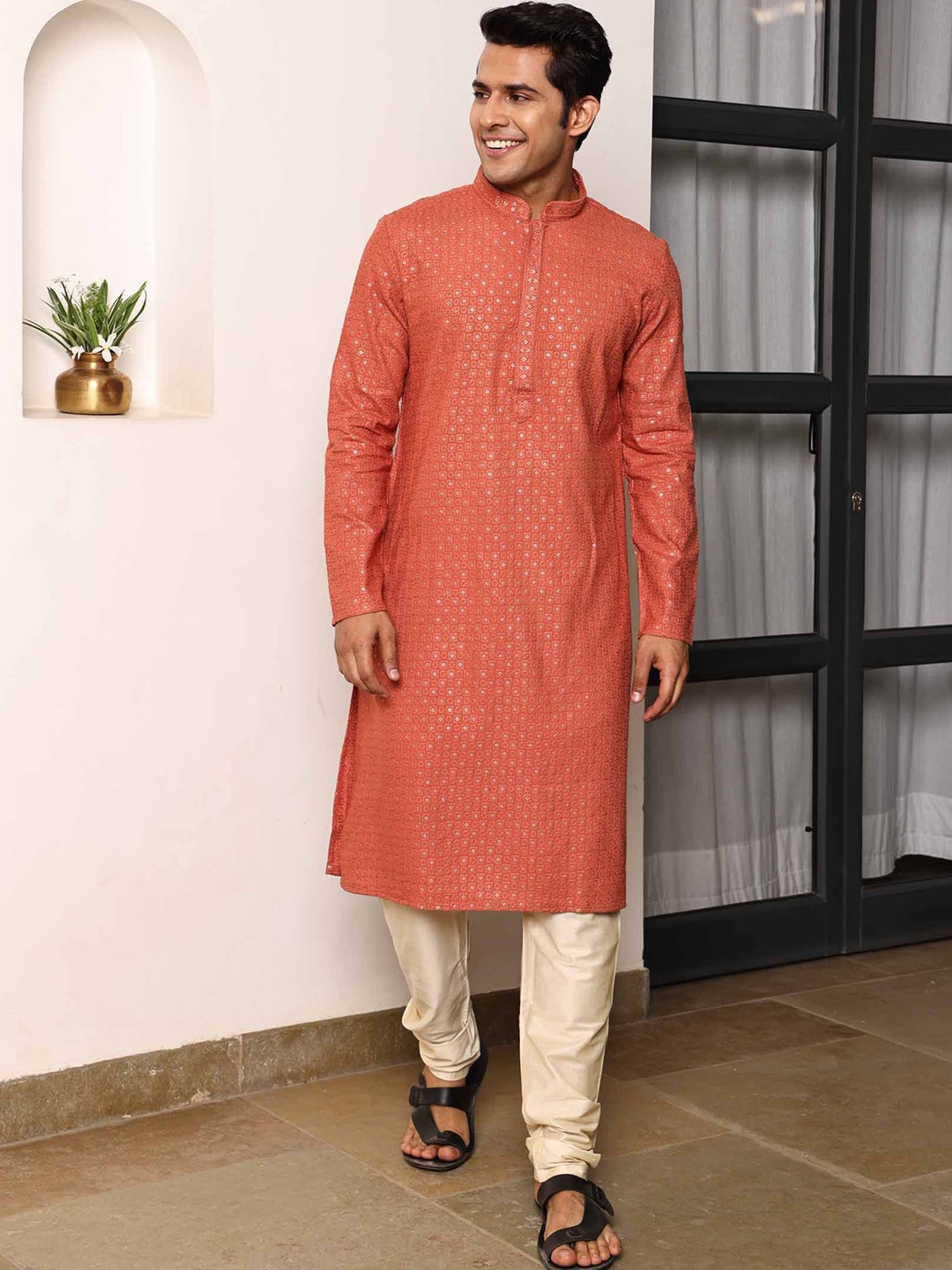 

Ethnic India Ethnic Motifs Embroidered Sequined Straight Kurta, Orange