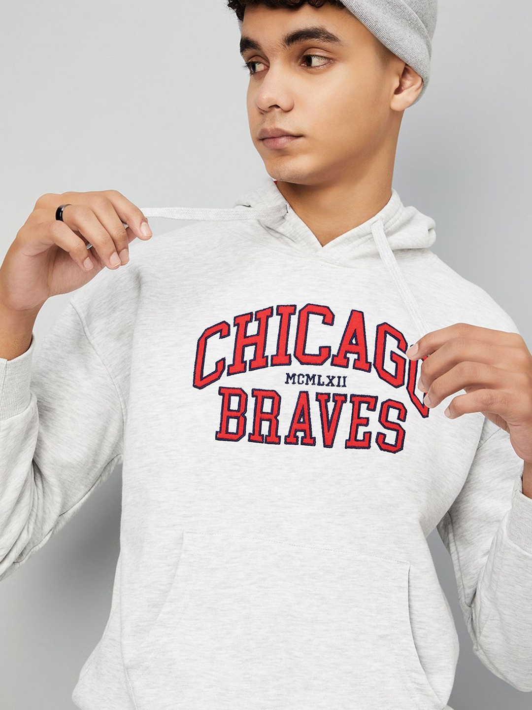 

max Boys Printed Pullover Hooded Sweatshirt, Grey