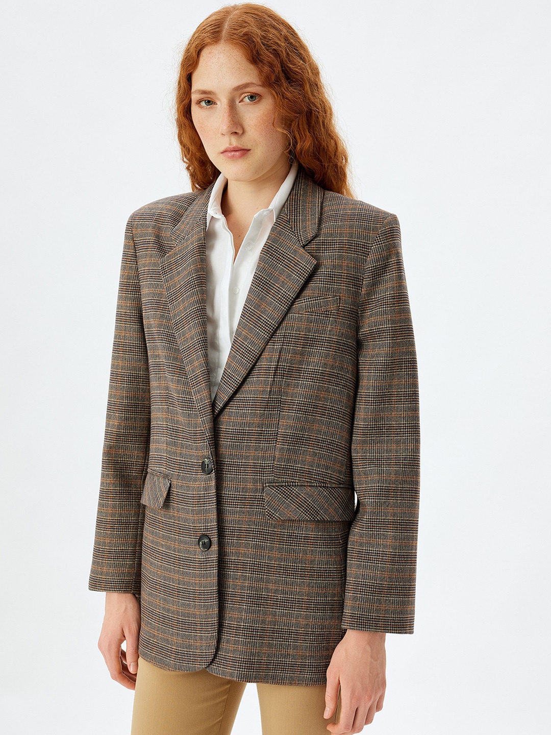 

Koton Checked Notched Lapel Collar Single-Breasted Blazer, Brown