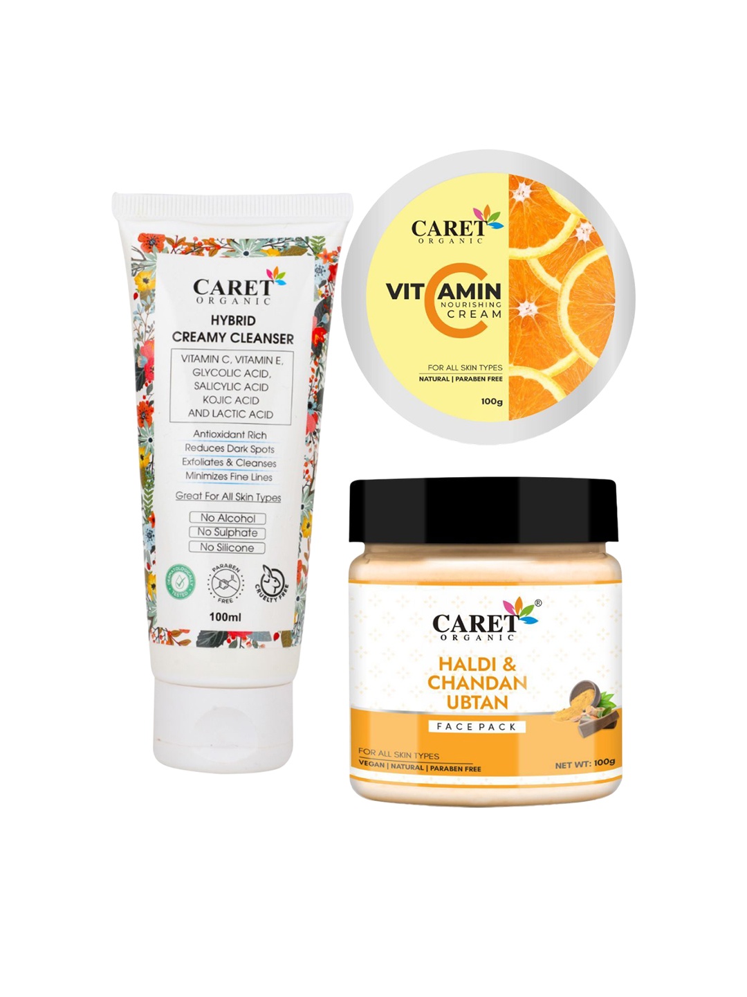 

CARET ORGANIC Set Of 3 Hybrid Creamy Face Wash With Nourishing Cream & Haldi Face Pack, White