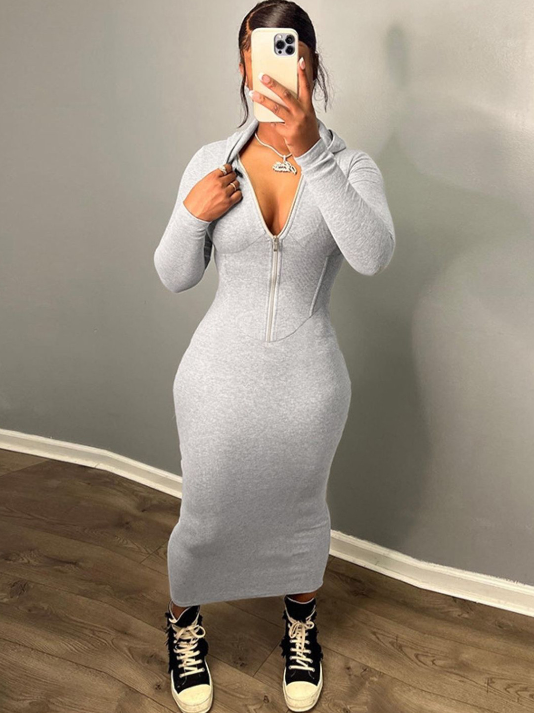 

KPOP Women Long Sleeves Hood Bodycon Midi Dress, Grey