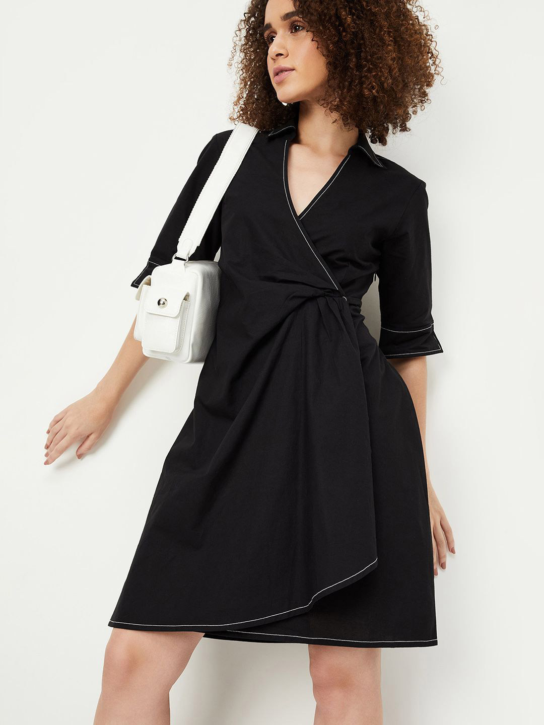 

max Women Pure Cotton V - Neck Wrap Dress, Black