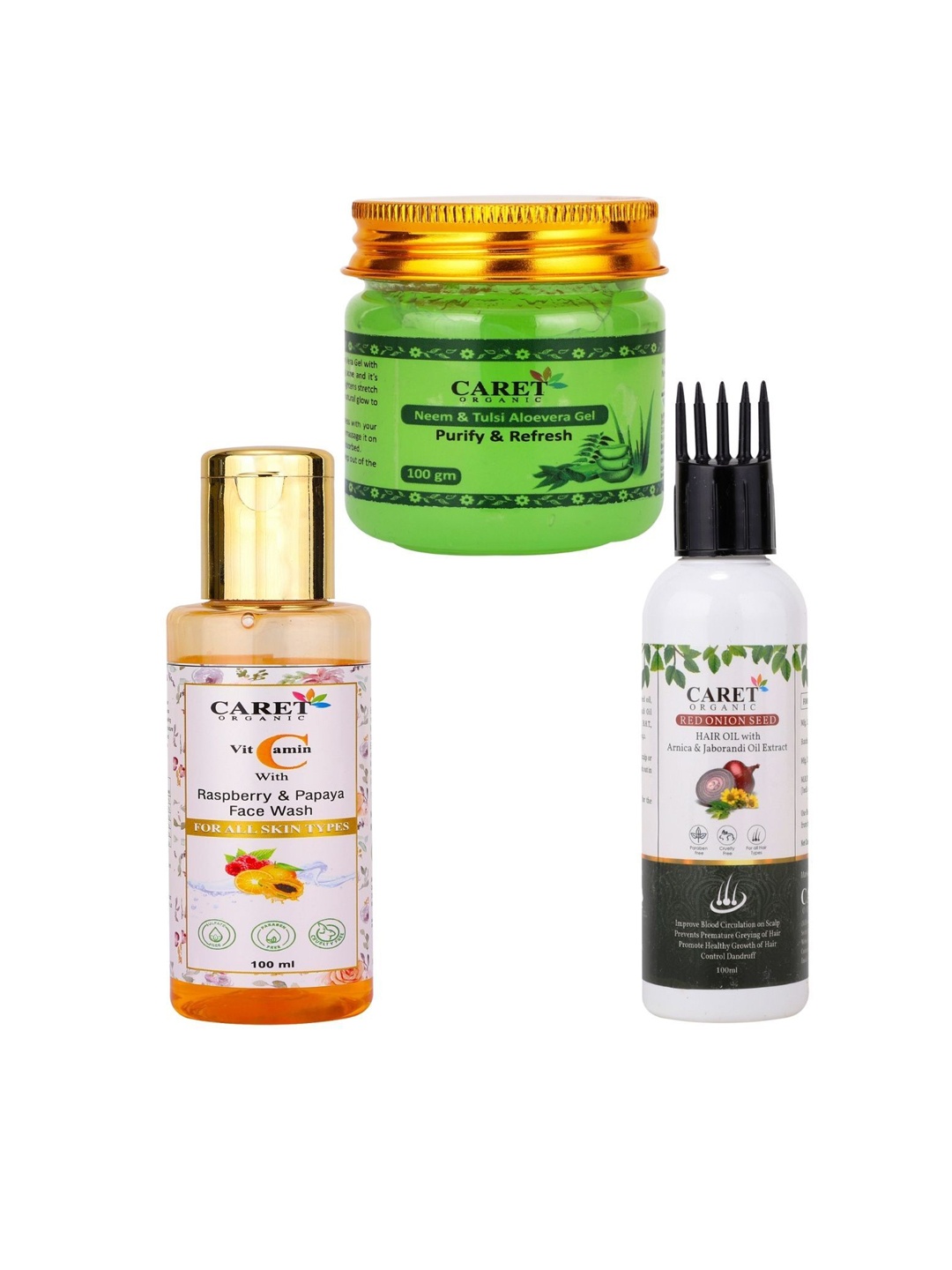 

CARET ORGANIC Set Of 3 Aloe Vera Gel- 100 g, Face Wash- 100ml & Onion Hair Oil -100ml Each, White