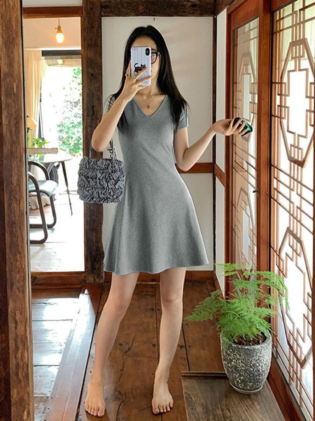 

KPOP Women V-Neck A-Line Dress, Grey