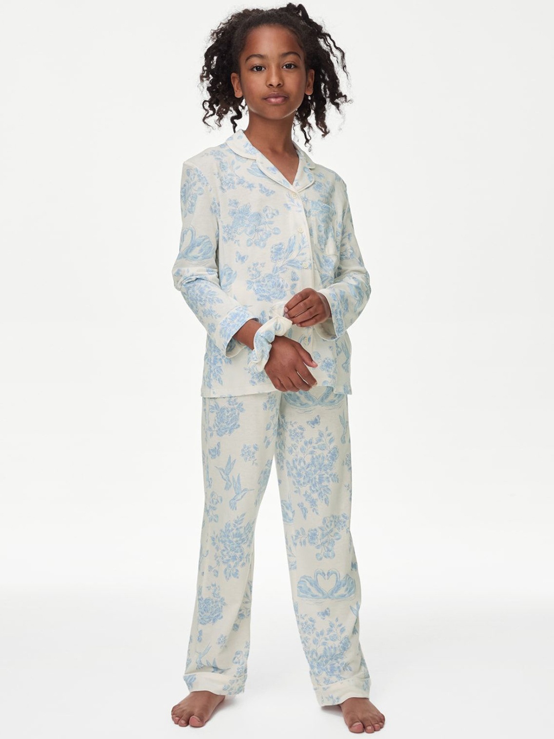 

Marks & Spencer Girls Floral Printed Lapel Collar Long Sleeves Night suit, White