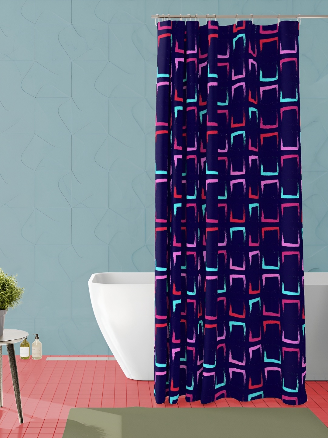 

ArtzFolio Navy Blue & Pink Waterproof Shower Curtain