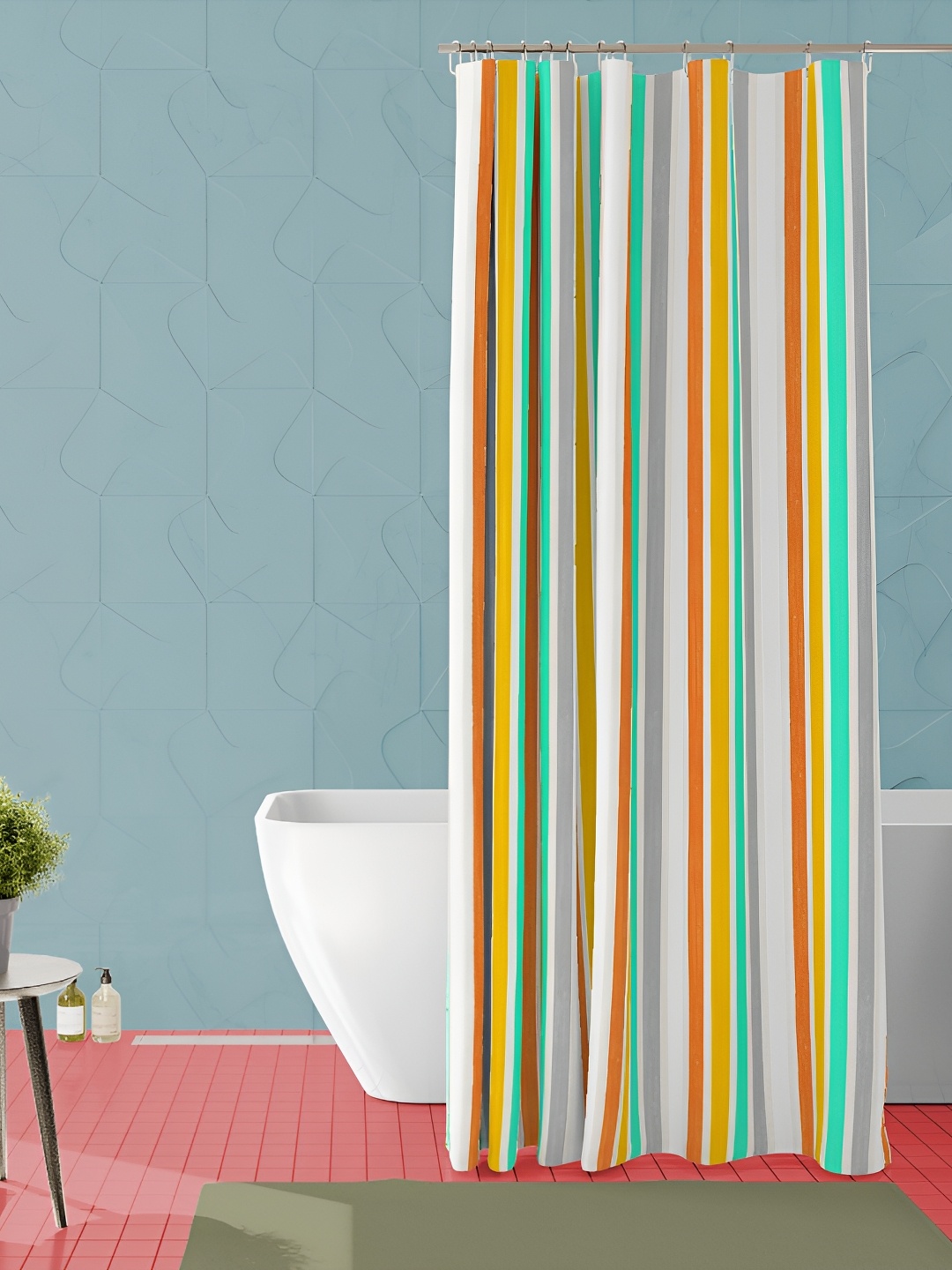 

ArtzFolio White and Orange Striped Waterproof Shower Curtain