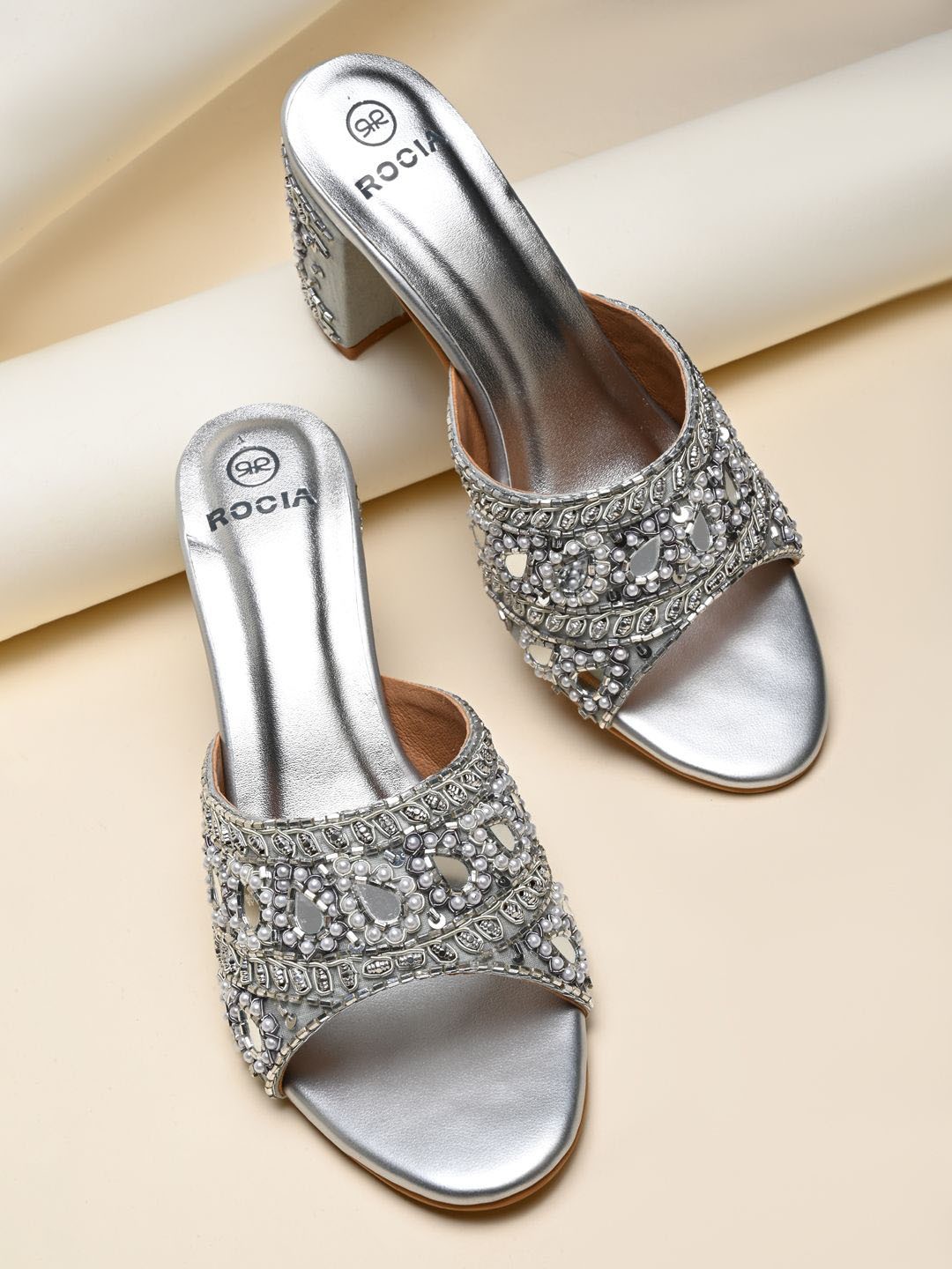 

Rocia Women Embroidered Block Heel Sandals, Silver