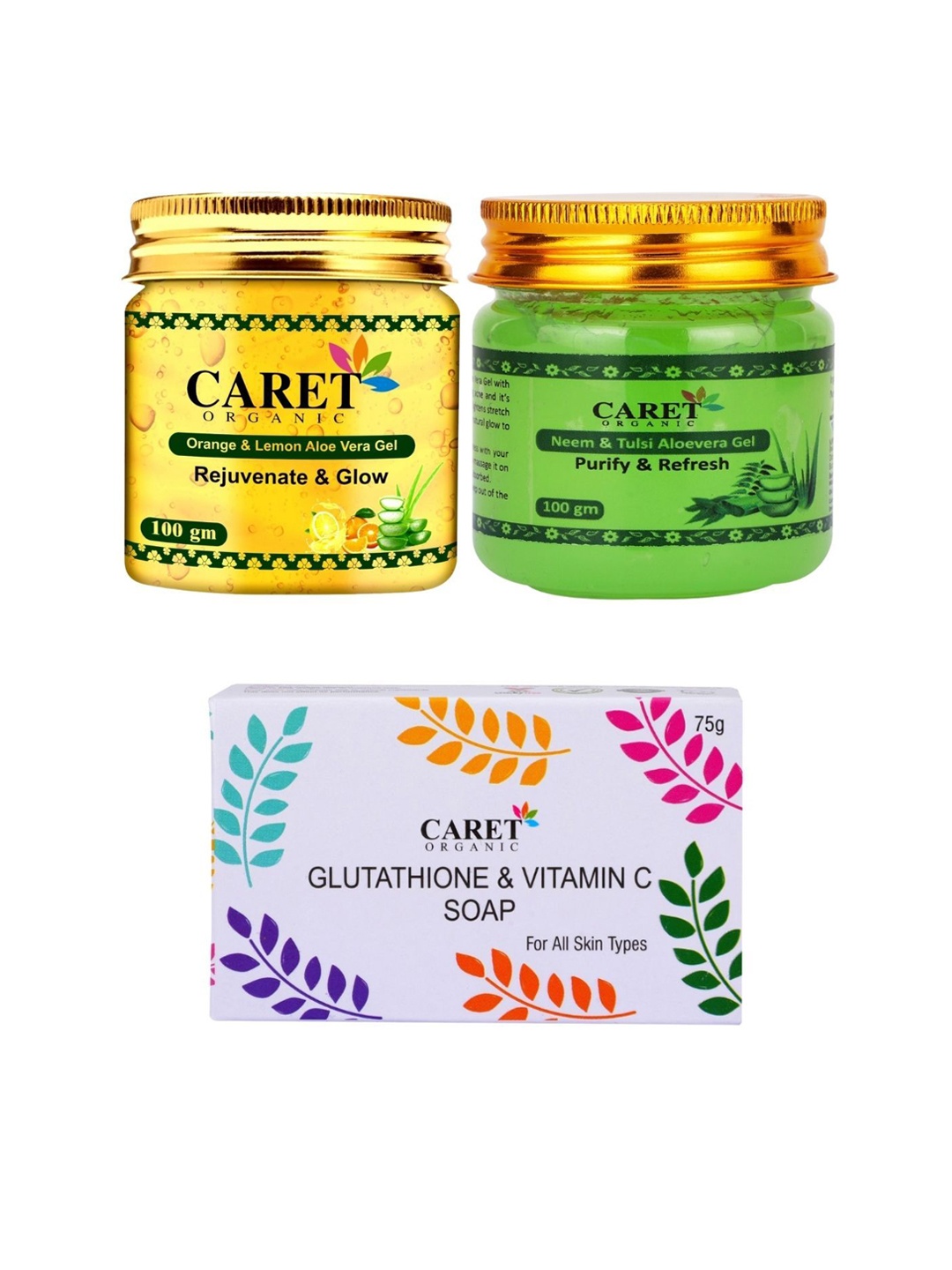 

CARET ORGANIC Set Of 3 Aloevera Gel With Neem Aloevera Gel & Glutathione Vitamin C Soap, White