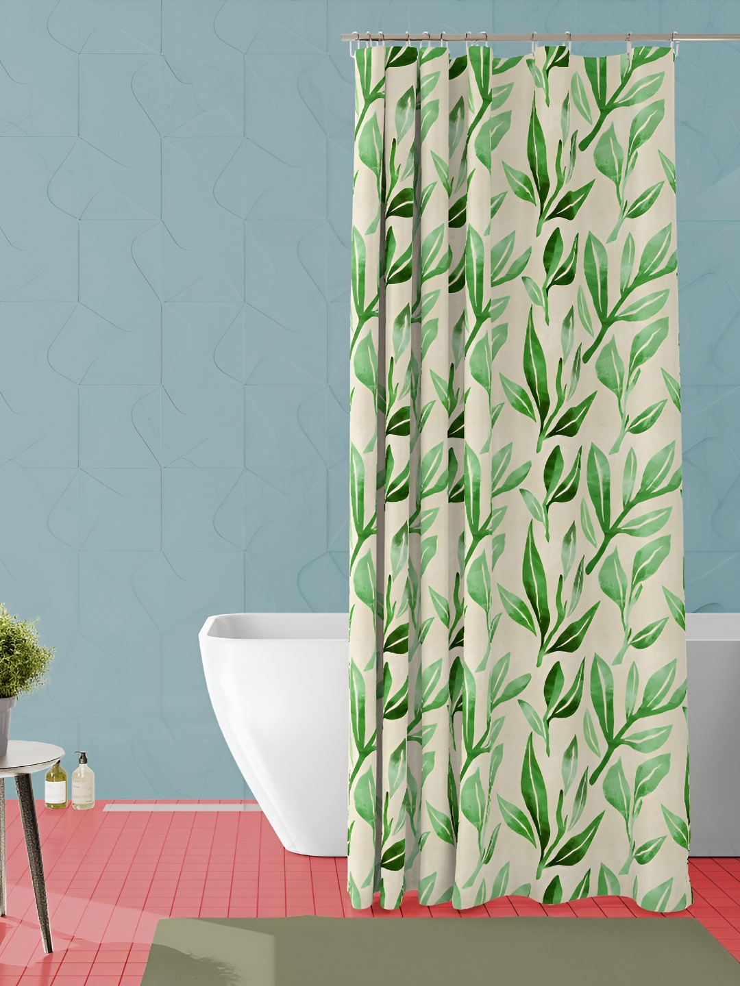 

ArtzFolio Off White & Green Printed Waterproof Shower Curtain