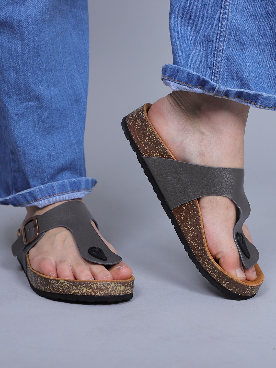 

DASHNY Women Leather T-Strap flats With Buckle Details, Grey