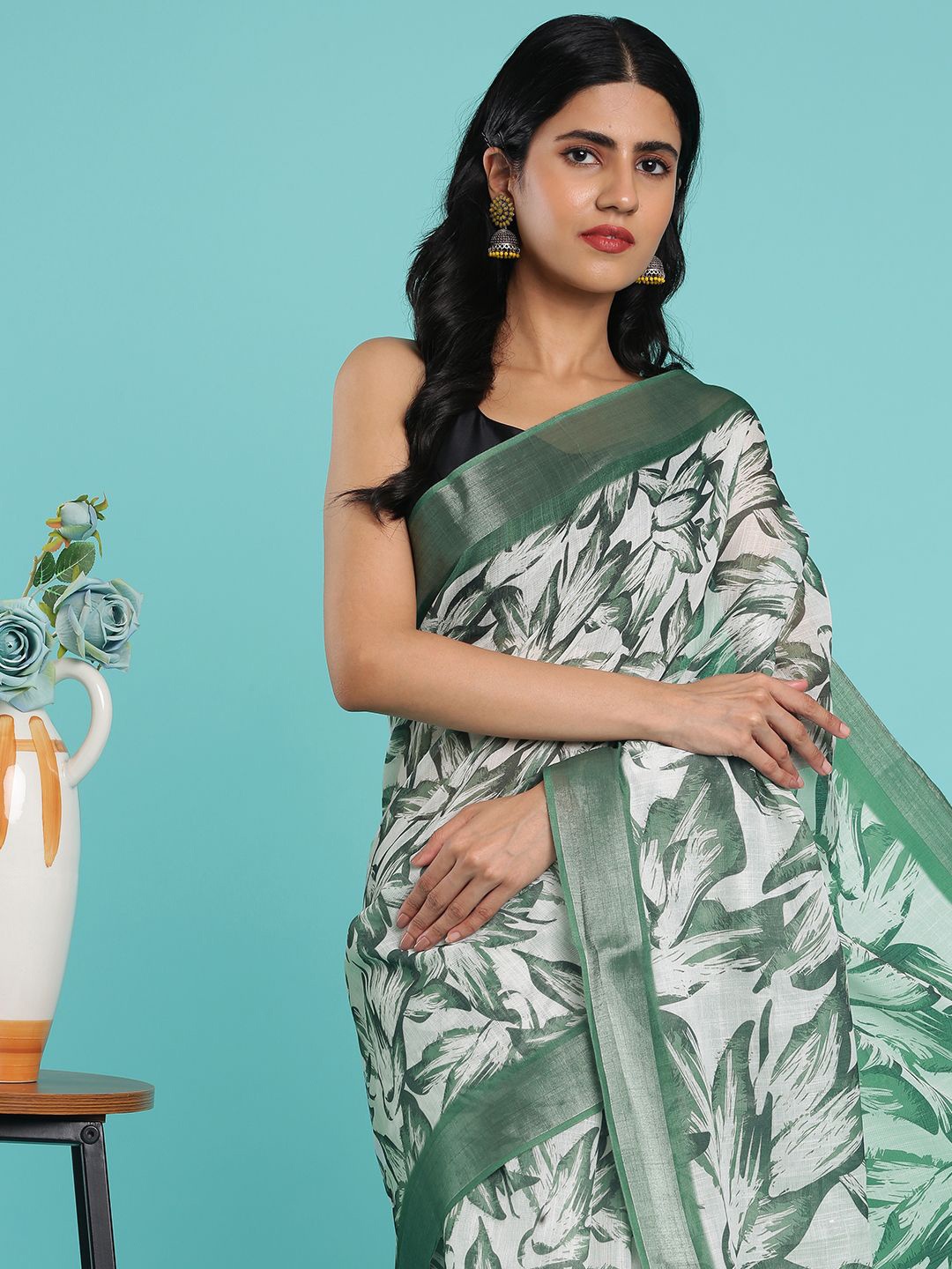 

Kalyan Silks Floral Block Print Saree, White
