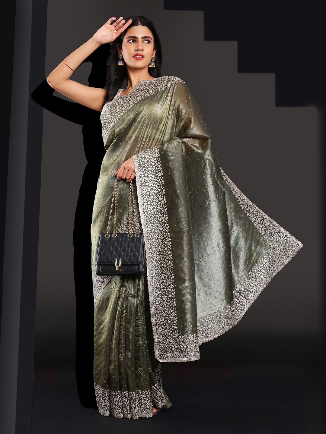 

Kalyan Silks Embellished Beads and Stones Organza Jamdani Saree, Green